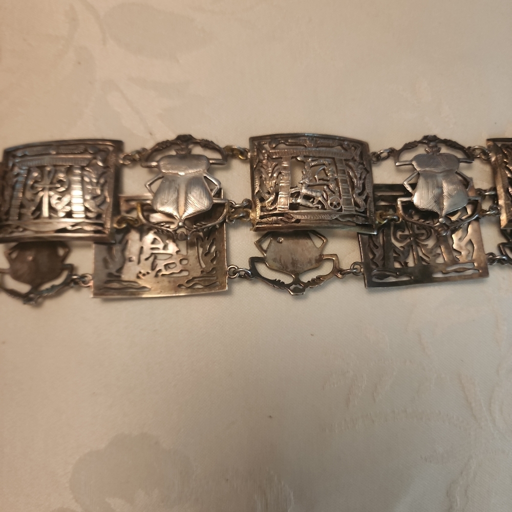 1920's Art Deco 800 Silver Egyptian Revival Scarab Beetle Panel Belt 170 Grams